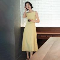 【明媚夏日】简约方领吊带裙女2025夏季收腰中长款连衣裙
