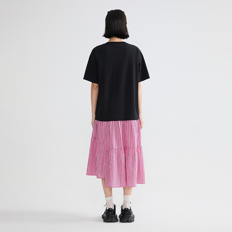 北欧时刻拼接设计感T恤连衣裙女25年夏季条纹中长裙