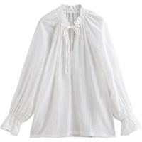 初语法式抽褶V领衬衫女2025夏季莱赛尔凉感喇叭袖宽松上衣 白色 S