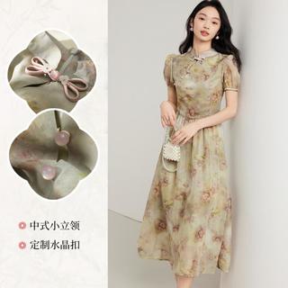 【睡莲印花】夏季宽松腰泡泡袖立领盘扣旗袍连衣裙