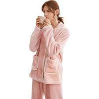【保暖双面绒】秋冬翻领开衫长袖睡衣女士简约厚实家居服套装外穿