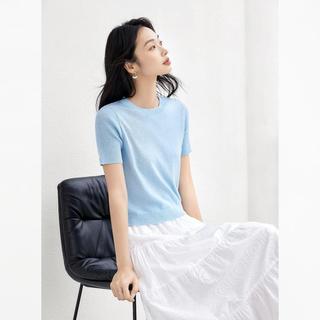 2025夏装含桑蚕丝绵羊毛女式针织衫轻薄透气正肩短袖上衣
