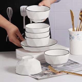 肃匠陶瓷餐具简约时尚黑线餐具套装纯白釉下彩描边碗盘餐具陶瓷米饭碗 百合5英寸碗6只