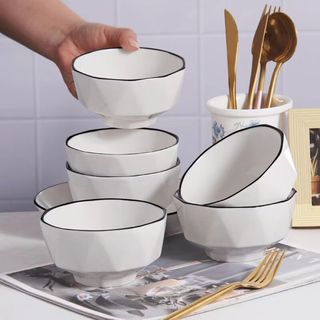 肃匠陶瓷餐具简约时尚黑线餐具套装纯白釉下彩描边碗盘餐具陶瓷米饭碗 百合5英寸碗6只