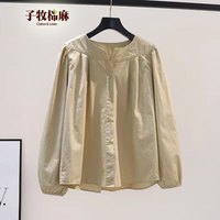 子牧棉麻2025秋装 女文艺百搭圆领宽松显瘦灯笼袖褶皱衬衫上衣8236