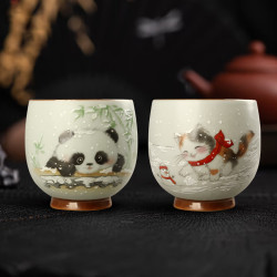 真迹 陶瓷主人杯  雪景2腰鼓杯套装-熊猫+雪人猫
