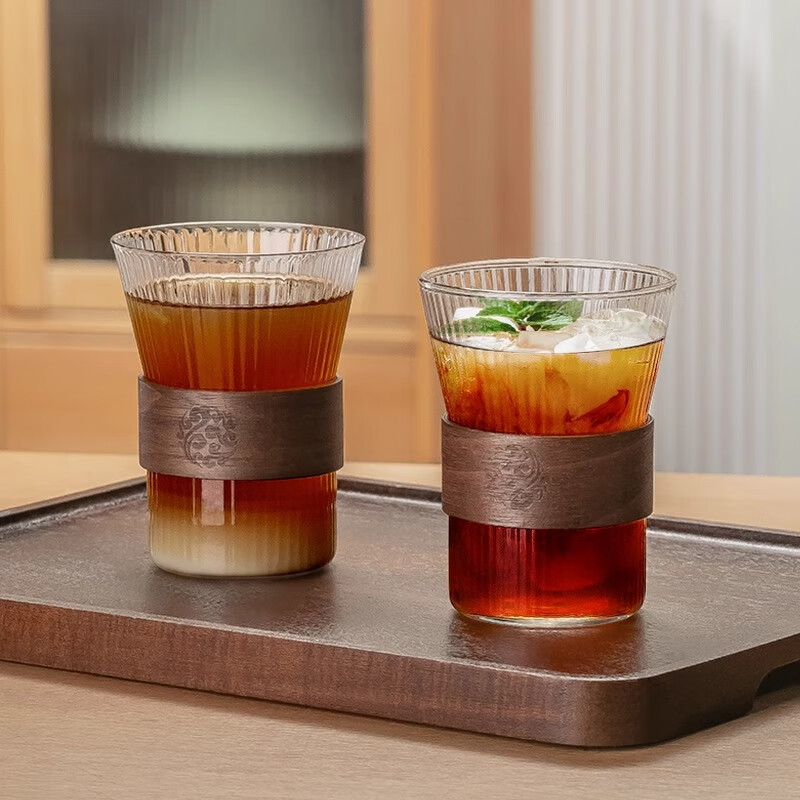 格娜斯防烫咖啡杯高硼硅玻璃杯高档时尚拿铁下午茶杯子家用喝水杯套装 风琴束腰咖啡杯4个