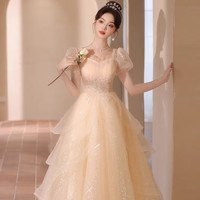 丽佰昕晚宴礼服轻奢小众高端法式高级感成人礼公主裙气质年会小个子主持 香槟色长款齐地左右 2XL 122-128斤