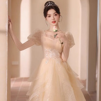 丽佰昕晚宴礼服轻奢小众高端法式高级感成人礼公主裙气质年会小个子主持 香槟色中长小腿左右 M 90-100斤