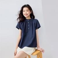 2025年夏季纯棉府绸压褶温柔小立领插肩梭织短袖衬衫女士