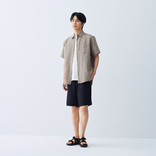 無印良品 MUJI（無印良品 ）男式 汉麻混 短袖衬衫 男士衬衣格子 格纹开衫棉麻 深米色格纹 XL (180/104A)