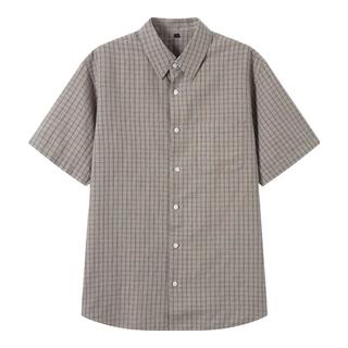 無印良品 MUJI（無印良品 ）男式 汉麻混 短袖衬衫 男士衬衣格子 格纹开衫棉麻 深米色格纹 XL (180/104A)