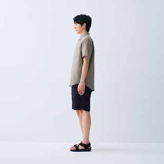 無印良品 MUJI（無印良品 ）男式 汉麻混 短袖衬衫 男士衬衣格子 格纹开衫棉麻 深米色格纹 XL (180/104A)
