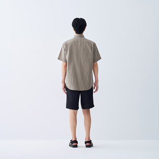 無印良品 MUJI（無印良品 ）男式 汉麻混 短袖衬衫 男士衬衣格子 格纹开衫棉麻 深米色格纹 XL (180/104A)
