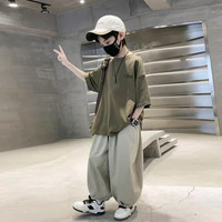 其派 童装男童套装夏季短袖T恤防蚊裤中大童帅气男孩洋气服装时尚潮牌 军绿色套装 160 (适合身高155CM)