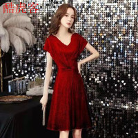 酷虎客晚礼服女高端气质小个子晚礼服宴会平时可穿轻奢小众晚主持短 酒红色 9979- XL