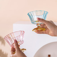 乐唯诗花开半朵玻璃杯高脚甜品杯高级感透明冰淇淋酸奶杯家用布丁雪糕杯 花开半朵冰淇淋杯-蓝色-200ml*1