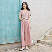 香影彩虹条纹针织衫女2025夏t恤镂空多巴胺风v领粉色短袖上衣 银牡丹色 上衣 M 160/84A/95-110斤