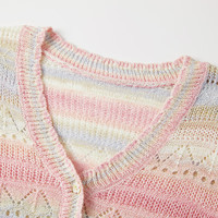 香影彩虹条纹针织衫女2025夏t恤镂空多巴胺风v领粉色短袖上衣 银牡丹色 上衣 L 165/88A/110-125斤