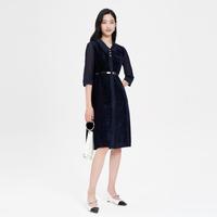 【腰带仅拍摄】春秋季七分袖法式优雅丝绒别致裙子连衣裙女