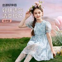 女童演出连衣裙夏装儿童花朵满印泡泡袖出游度假风公主裙