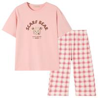 【100%纯棉】夏季撞色格纹女士短袖七分裤家居服可外穿睡衣女