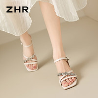 ZHR水钻粗跟凉鞋女2025新款气质百搭一字凉鞋仙女方头配裙子时尚女鞋 米色 37