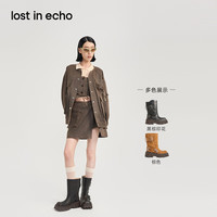 lost in echo新款棕色方头宽筒厚底机车靴短靴中筒靴子女礼物送女友