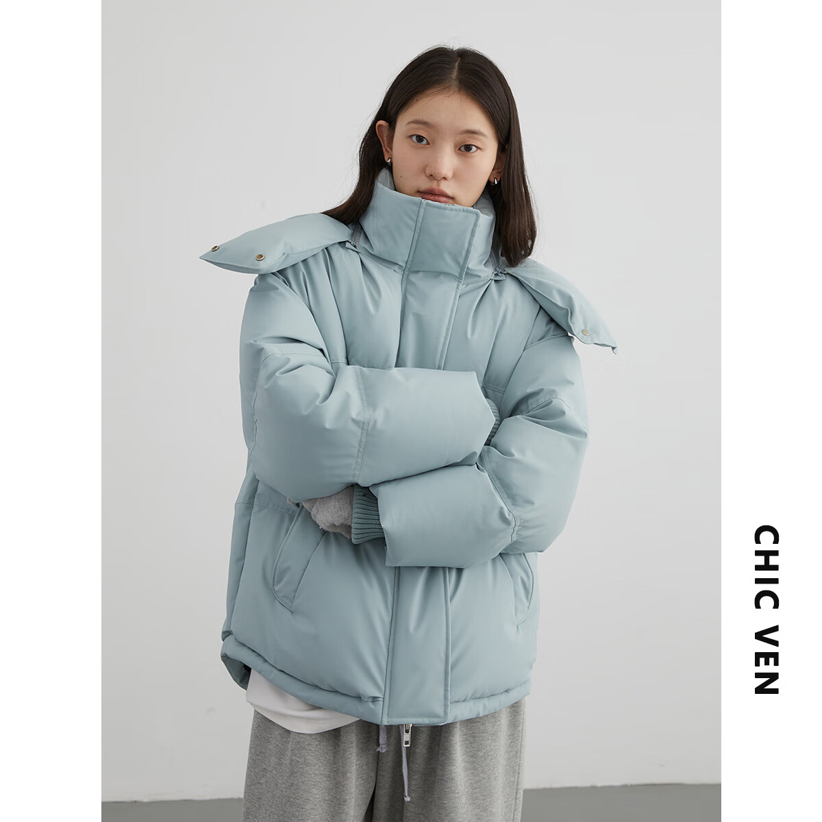 CHIC VEN 冬季80白鸭绒防风保暖连帽羽绒服外套女 12180-（80白鸭绒）