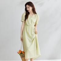 清新度假欧若风V领短袖连衣裙女25年夏季收腰显瘦网纱长裙子女