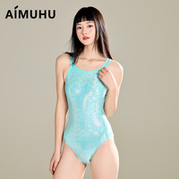 AIMUHU蓝色亮闪鱼鳞竞速泳衣女连体显瘦性感露背运动泳装