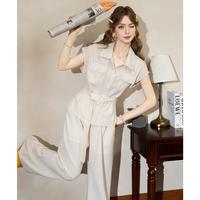 时尚减龄套装女2025夏季休闲衬衫高腰显瘦阔腿裤两件套