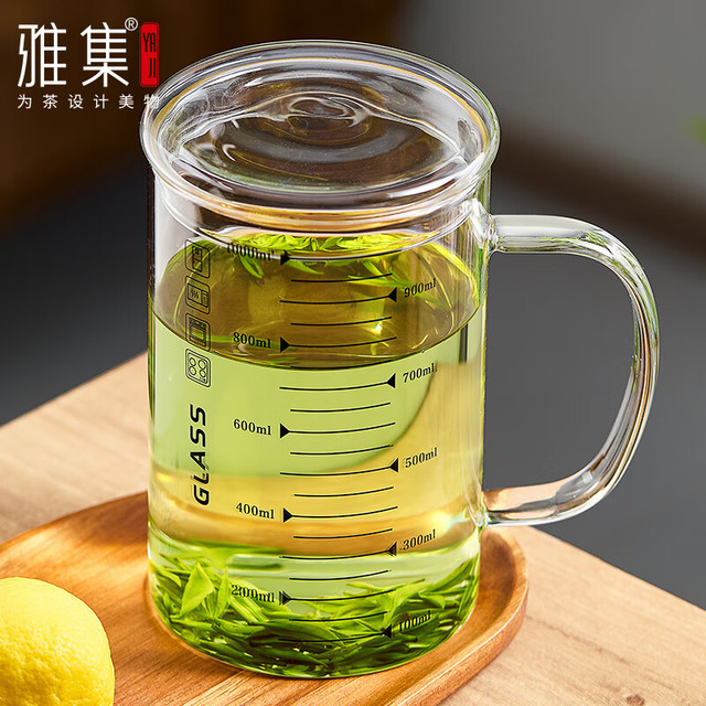 雅集 耐热透明大容量男女办公家用玻璃杯豪饮杯牛奶杯1000ml带刻度款杯