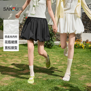 三福短裙2025夏季甜美白色花苞摆宽松蓬蓬半身裙子女装498364 M