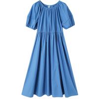 德玛纳 dme【克莱因蓝】夏季法式纯棉抽褶宽松腰泡泡袖A字中长女式连衣裙