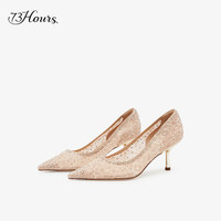 73hours女鞋十四行诗蕾丝水钻高跟鞋女秀禾婚纱新娘婚鞋浅口单鞋 35