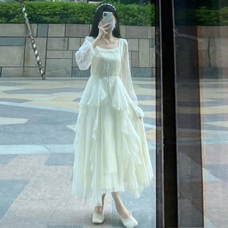 2025春夏季法式长袖连衣裙女小众设计感温柔风森系超仙仙女裙 XL
