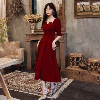 酒红色敬酒服新娘2025结婚便装订婚高级晚礼服连衣裙平时可穿 XS