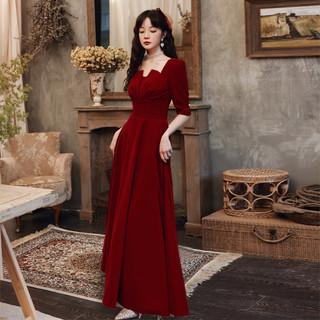 酒红色敬酒服新娘2025结婚便装订婚高级晚礼服连衣裙平时可穿 XS