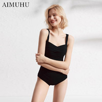 纯黑色泳衣泡温泉保守显瘦连体显瘦遮肚游泳衣复古聚拢比基尼 XL