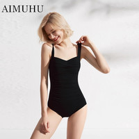 纯黑色泳衣泡温泉保守显瘦连体显瘦遮肚游泳衣复古聚拢比基尼 L