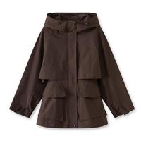 LILY2025秋女装复古休闲连帽抽绳百搭宽松通勤风衣式夹克外套 710咖啡 L