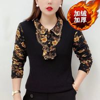 秋冬加绒加厚打底衫2024年新款时尚小衫妈妈装半高领印花气质上衣