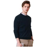科蒙.博卡秋冬男士格纹圆领商务休闲羊绒衫 套头毛衣针织衫 墨蓝绿色 M