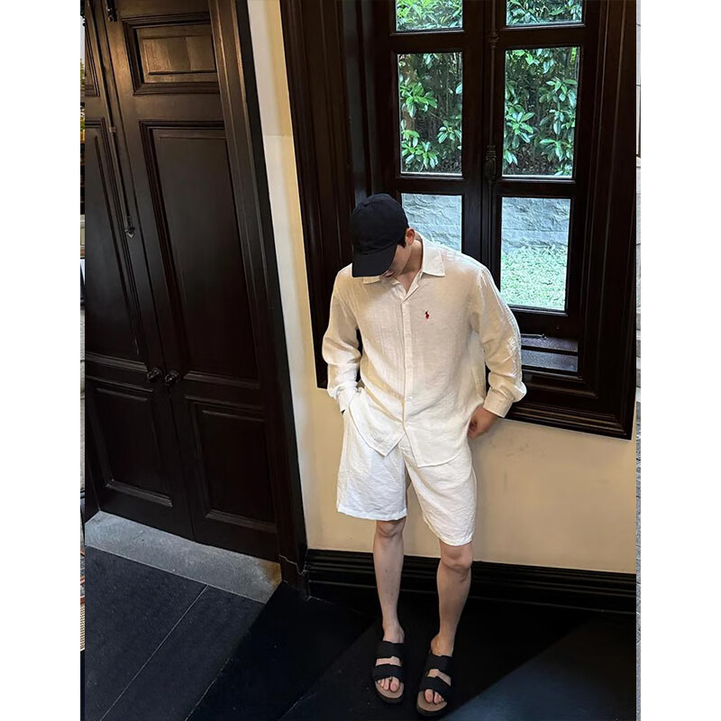 举风夏季男士老钱风亚麻一整套穿搭小马刺绣慵懒衬衫短裤套装 衬衫