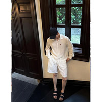 举风夏季男士老钱风亚麻一整套穿搭小马刺绣慵懒衬衫短裤套装 衬衫