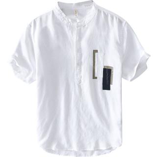极麻清新立领套头短袖棉麻衬衫男士休闲夏季宽松青年文艺衬衣