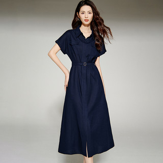 晚白2025年夏轻熟高级感气质翻领裙子通勤短袖衬衫连衣裙女 深蓝色 XL