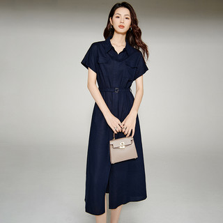 晚白2025年夏轻熟高级感气质翻领裙子通勤短袖衬衫连衣裙女 深蓝色 XL