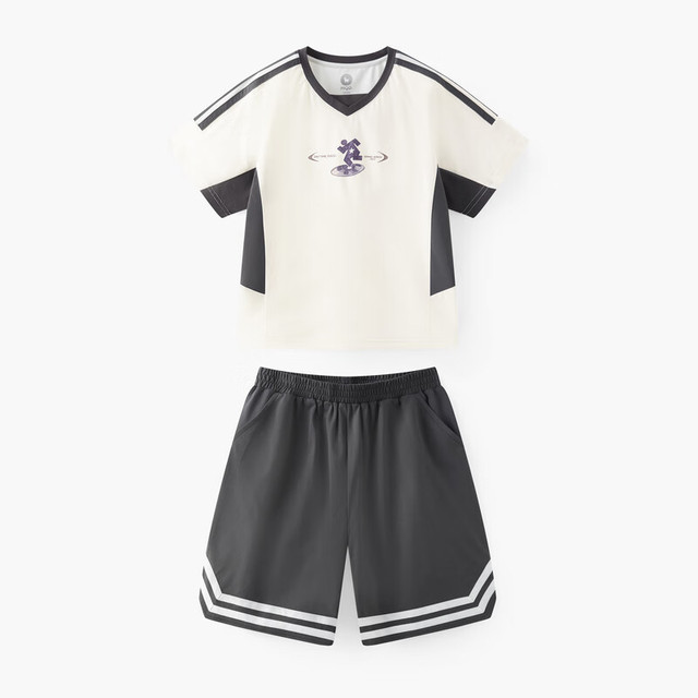 马骑顿 童装男童短袖套装2025夏儿童运动短裤两件套 米白 150
